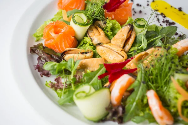 Čerstvý salát z mořských plodů s krevety, mušle, losos, zelené a okurka — Stock fotografie