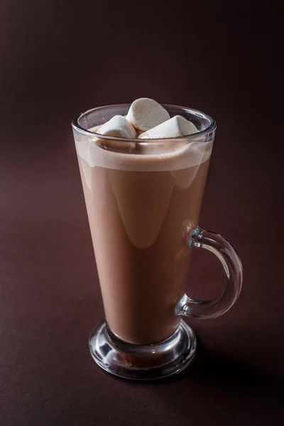 Glass Cacao Three Marshmallows Elegant Dark Brown Background — Stock Photo, Image