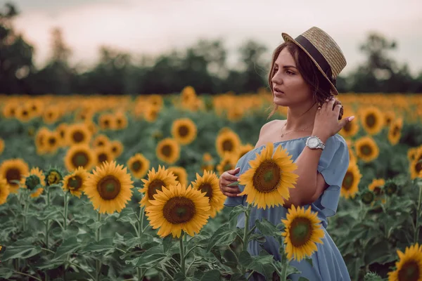 Mavi elbise ve şapka kıllar bir el ile Ayçiçeği tarlasında yaz tutan genç kadın rüya, onun tarafını görüntüleyin. Tarafına bakıyorum. kopya alanı