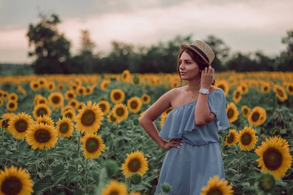 梦想着穿着蓝色衣服的年轻女子 在夏天用一只手拿着一只手在向日葵的田野里拿着头发 前面的风景 向一边看去 复制空间 — 图库照片