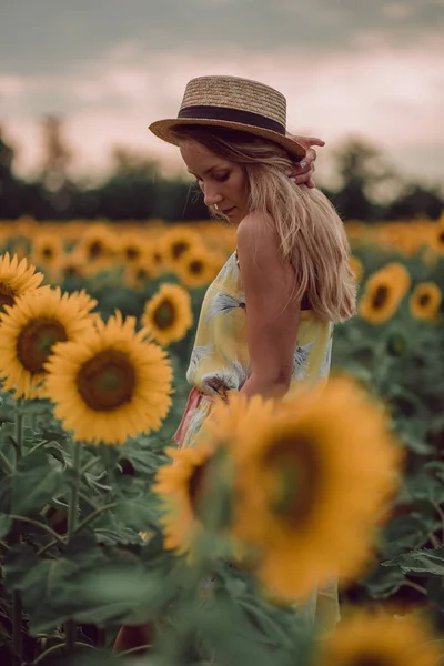 梦到穿着黄色衣服的年轻女子 夏天拿着头发 手牵着帽子 在向日葵的田野里 从她身边看风景 往下看 复制空间 — 图库照片