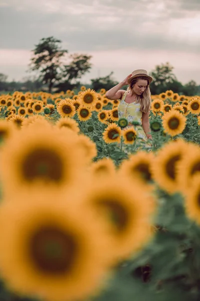 梦到穿着黄色衣服的年轻女子 夏天手牵着帽子在向日葵的田野里 从她的前面看 向一边看去 复制空间 — 图库照片
