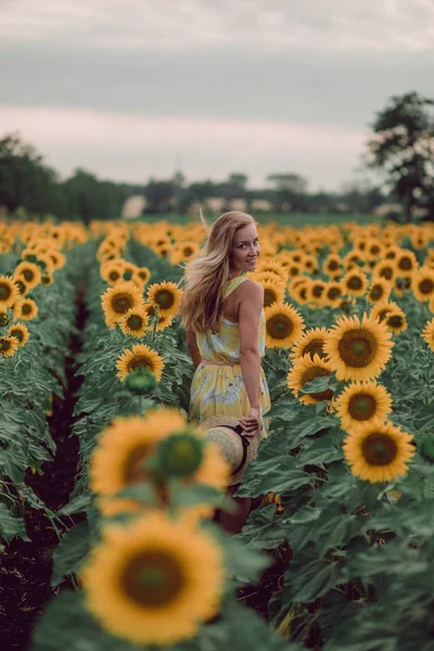 梦到穿着黄色衣服的年轻女子拿着帽子 夏天在向日葵的田野里走开 从她的背上看 看着镜头 复制空间 — 图库照片