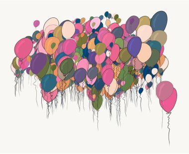 Dekoratif el uçan balon sanat Resimler çekilmiş. Tasarım doku ve arka plan için iyi. Karikatür tarzı vektör grafiği.