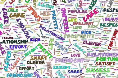 Olumlu duygu kelime bulutu illüstrasyonlar arka plan soyut, elle çizilmiş. Vektör grafiği.