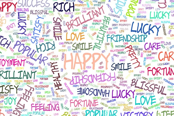 Happy, illustrations of positive emotion word cloud. Good for web page, wallpaper, graphic design, catalog, texture or background. Vector graphic.