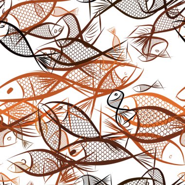 Sorunsuz balık illüstrasyonlar arka plan soyut, elle çizilmiş. Karikatür tarzı vektör grafiği.