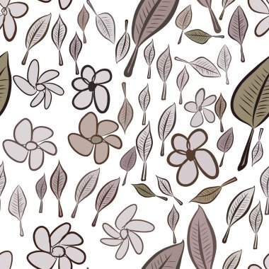 Yaprak ve çiçek sorunsuz çizimleri. Web sayfası, duvar kağıdı, grafik tasarım, katalog, doku veya arka plan için iyi. Karikatür tarzı vektör grafiği.