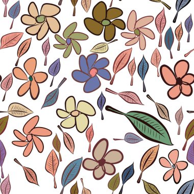 Sorunsuz soyut yaprak ve çiçek illüstrasyonlar arka plan. Karikatür tarzı vektör grafiği.