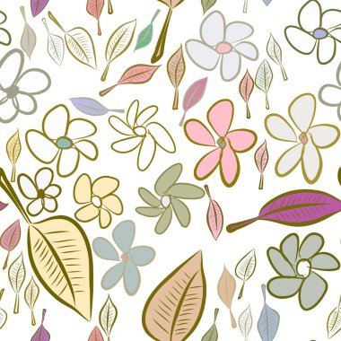 Sorunsuz soyut yaprak ve çiçek illüstrasyonlar arka plan. Karikatür tarzı vektör grafiği.