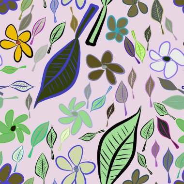 Yaprak ve çiçek sorunsuz çizimleri. Web sayfası, duvar kağıdı, grafik tasarım, katalog, doku veya arka plan için iyi. Karikatür tarzı vektör grafiği.