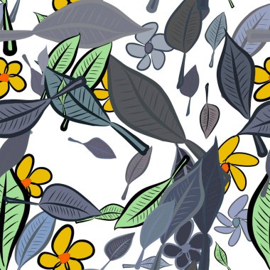 Sorunsuz soyut yaprak ve çiçek illüstrasyonlar arka plan. Karikatür tarzı vektör grafiği.