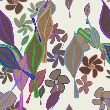 Sorunsuz soyut yaprak ve çiçek illüstrasyonlar arka plan. Karikatür tarzı vektör grafiği.
