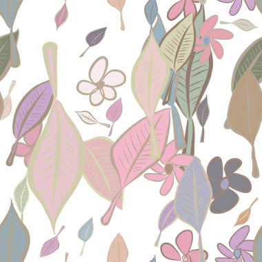 Sorunsuz yaprak ve çiçek illüstrasyonlar arka plan soyut, elle çizilmiş. Karikatür tarzı vektör grafiği.