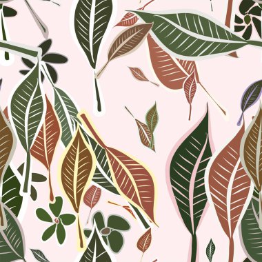 Sorunsuz elle çizilmiş bırakır ve illüstrasyonlar arka plan, iyi grafik tasarım, duvar kağıtları veya kitapçıklar için çiçek. Karikatür tarzı vektör grafiği.