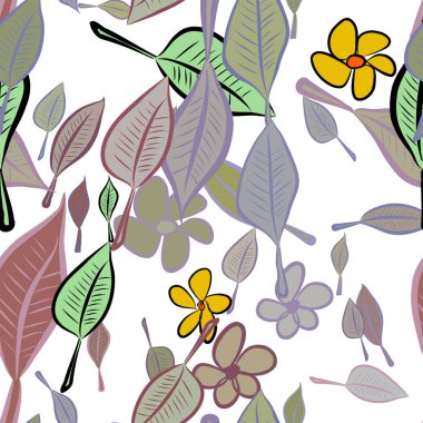 Yaprak ve çiçek sorunsuz çizimleri. Web sayfası, duvar kağıdı, grafik tasarım, katalog, doku veya arka plan için iyi. Karikatür tarzı vektör grafiği.