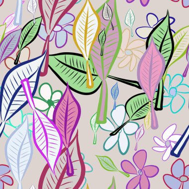 Sorunsuz soyut yaprak ve çiçek illüstrasyonlar arka plan. Karikatür tarzı vektör grafiği.