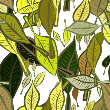 Yaprakların sorunsuz illüstrasyonlar. Web sayfası, duvar kağıdı, grafik tasarım, katalog, doku veya arka plan için iyi. Karikatür tarzı vektör grafiği.