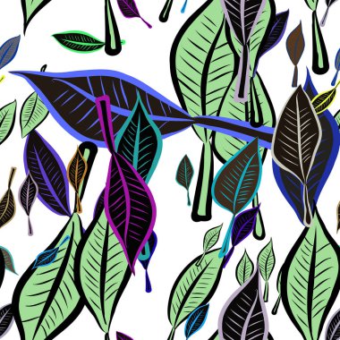 Yaprakların sorunsuz illüstrasyonlar. Web sayfası, duvar kağıdı, grafik tasarım, katalog, doku veya arka plan için iyi. Karikatür tarzı vektör grafiği.