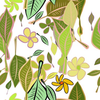 Sorunsuz elle çizilmiş bırakır ve illüstrasyonlar arka plan, iyi grafik tasarım, duvar kağıtları veya kitapçıklar için çiçek. Karikatür tarzı vektör grafiği.