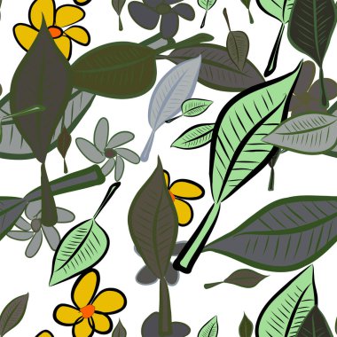 Sorunsuz elle çizilmiş bırakır ve illüstrasyonlar arka plan, iyi grafik tasarım, duvar kağıtları veya kitapçıklar için çiçek. Karikatür tarzı vektör grafiği.