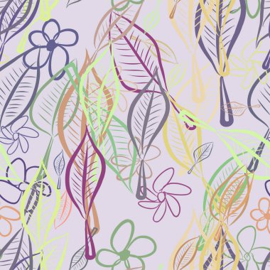 Yaprak ve çiçek sorunsuz çizimleri. Web sayfası, duvar kağıdı, grafik tasarım, katalog, doku veya arka plan için iyi. Karikatür tarzı vektör grafiği.