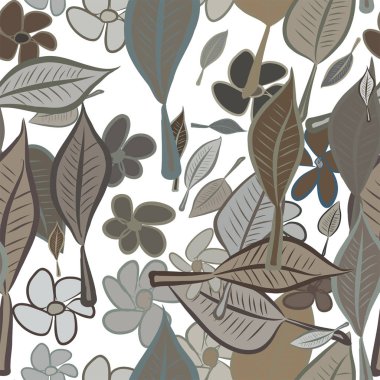 Yaprak ve çiçek sorunsuz çizimleri. Web sayfası, duvar kağıdı, grafik tasarım, katalog, doku veya arka plan için iyi. Karikatür tarzı vektör grafiği.