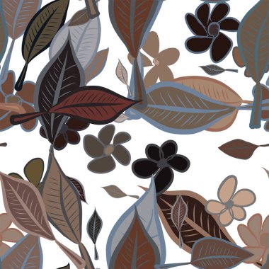 Yaprak ve çiçek sorunsuz çizimleri. Web sayfası, duvar kağıdı, grafik tasarım, katalog, doku veya arka plan için iyi. Karikatür tarzı vektör grafiği.