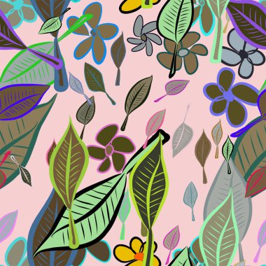 Sorunsuz soyut yaprak ve çiçek illüstrasyonlar arka plan. Karikatür tarzı vektör grafiği.