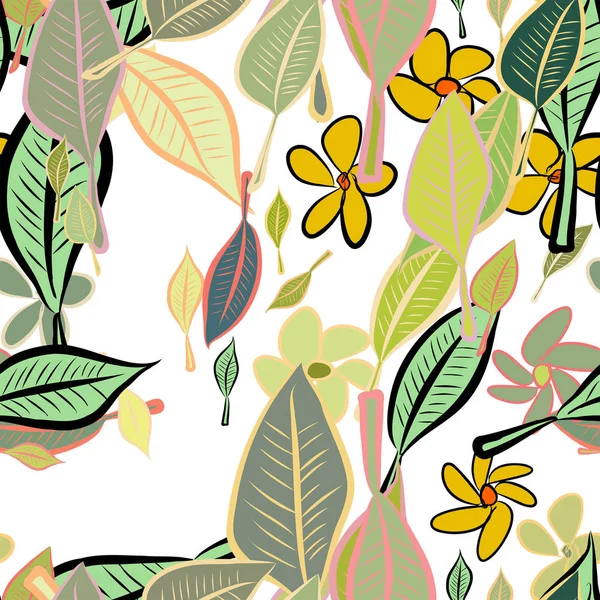 Yaprak ve çiçek sorunsuz çizimleri. Web sayfası, duvar kağıdı, grafik tasarım, katalog, doku veya arka plan için iyi. Karikatür tarzı vektör grafiği.