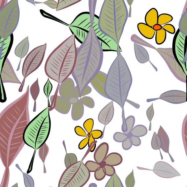 Yaprak ve çiçek sorunsuz çizimleri. Web sayfası, duvar kağıdı, grafik tasarım, katalog, doku veya arka plan için iyi. Karikatür tarzı vektör grafiği.