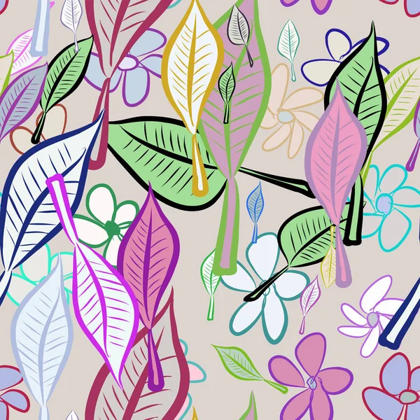 Sorunsuz soyut yaprak ve çiçek illüstrasyonlar arka plan. Karikatür tarzı vektör grafiği.