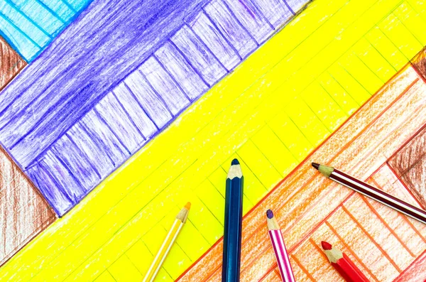 Döşeme Renkli Arka Plan Rengi Kalemle Çizim Basit Çocuk Okula — Stok fotoğraf
