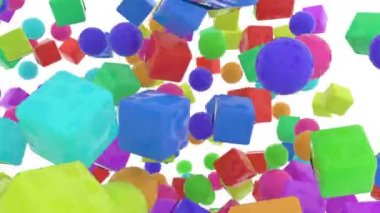 Renkli şekiller, küreler ve kutuları float Zıplayan veya etrafında uçan. Video giriş, başlık veya metin arka plan, görüntüleri geçişler için iyi. 3D render animasyon. 