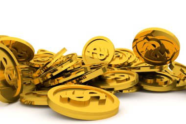 Grup veya açıklayıcı altın sikke, arka plan üzerinde beyaz izole yığını. İş kavramsal zemin için iyi şans, şans, hazine veya zengin temsil eder. 3D görüntü.