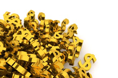 Grup veya açıklayıcı altın dolar işareti arka plan üzerinde beyaz izole yığını. İş kavramsal zemin için iyi şans, şans, hazine veya zengin temsil eder. 3D görüntü.