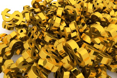 Grup veya açıklayıcı altın dolar işareti arka plan üzerinde beyaz izole yığını. İş kavramsal zemin için iyi şans, şans, hazine veya zengin temsil eder. 3D görüntü.