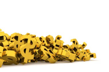 Grup veya açıklayıcı altın dolar işareti arka plan üzerinde beyaz izole yığını. İş kavramsal zemin için iyi şans, şans, hazine veya zengin temsil eder. 3D görüntü.