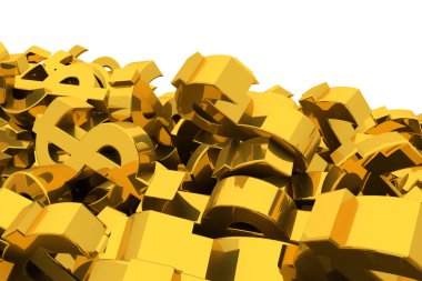 Grup veya açıklayıcı altın dolar işareti arka plan üzerinde beyaz izole yığını. İş kavramsal zemin için iyi şans, şans, hazine veya zengin temsil eder. 3D görüntü.