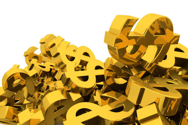 Bunch or pile of illustrative gold dollar sign, background isolated on white. Good for business conceptual backdrop represent fortune, luck, treasure or rich. 3D rendered image.