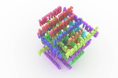 Fikir, sorun, planı, iş kavramsal renkli 3d render kelimeler. Dekoratif, illüstrasyonlar CGI tipografi. İyi tasarım doku, arka plan için.