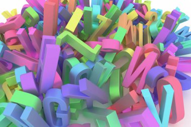 Soyut CGI tipografi, tasarım, alfabe, mektup ABC için iyi arka plan. Renkli 3d render. Yığın, kelime, öğrenmek ve metin.