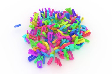 Dekoratif, illüstrasyonlar CGI tipografi, mektup ABC, alfabe. İyi tasarım doku, arka plan için. Renkli 3d render. Stil, rasgele, iletişim ve şekli.