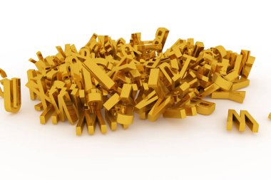 Dekoratif, illüstrasyonlar CGI tipografi, mektup ABC, alfabe. İyi tasarım doku, arka plan için. Altın 3d render. Öğrenmek, başlık, rasgele ve kelime.