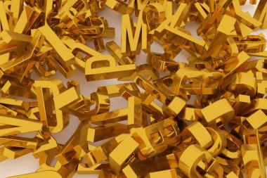 Alfabe, mektup ABC, resimler CGI tipografi, grafik tasarım, duvar kağıtları, kitapçıklar için iyi. Altın 3d render. Dijital, rasgele, soyut ve başlık.