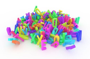 CGI tipografi, tasarım doku veya arka plan, alfabe, mektup ABC için iyi. Renkli 3d render. Yaratıcılık, sembol, şekil ve öğrenin.