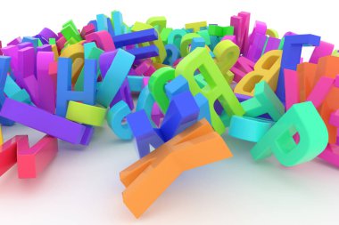 Dekoratif, illüstrasyonlar CGI tipografi, mektup ABC, alfabe. İyi tasarım doku, arka plan için. Renkli 3d render. Eğitim, rasgele, şekil ve yaratıcılık.