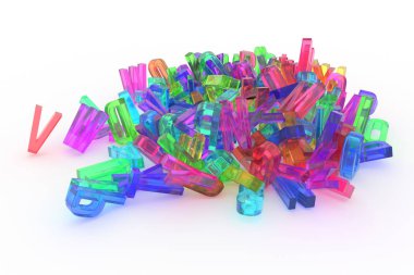Soyut CGI tipografi, tasarım, alfabe, mektup ABC için iyi arka plan. Renkli şeffaf plastik ya da cam 3d render. Resim yazısı, sanat, dijital ve Grup.