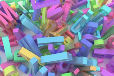 Soyut CGI tipografi, tasarım, alfabe, mektup ABC için iyi arka plan. Renkli 3d render. Anaokulu, sembol, zemin ve modelleme.