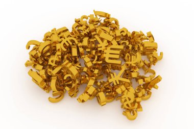 CGI tipografi, iyi tasarım için doku ya da arka plan, para veya kar para birimi işareti temsil eder. Altın rengi 3d render. Zemin, resim, grafik ve sayısal.